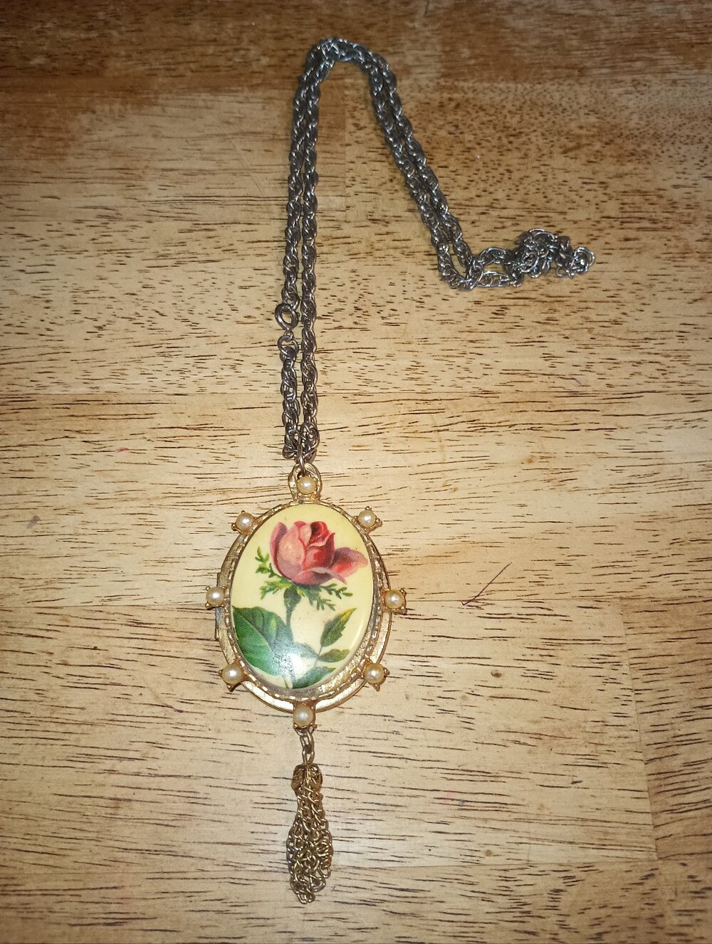 Vintage Locket On Chain. Detailed Enamel Rose On Gold Tone, Faux Pearl